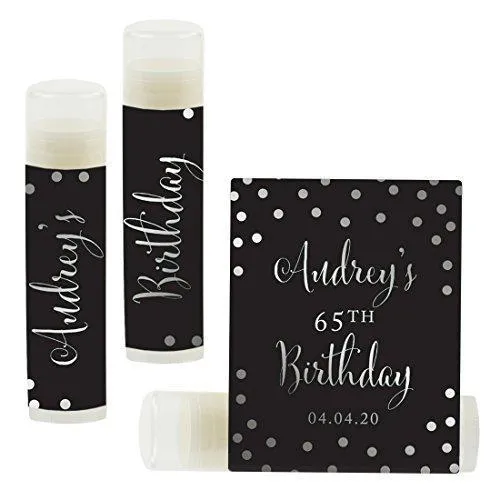Set of 12 Personalized Milestone Birthday Party Lip Balm Party Favors, Custom Name and Date