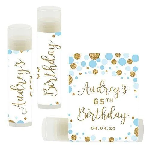 Set of 12 Personalized Milestone Birthday Party Lip Balm Party Favors, Custom Name and Date