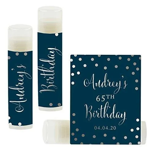 Set of 12 Personalized Milestone Birthday Party Lip Balm Party Favors, Custom Name and Date