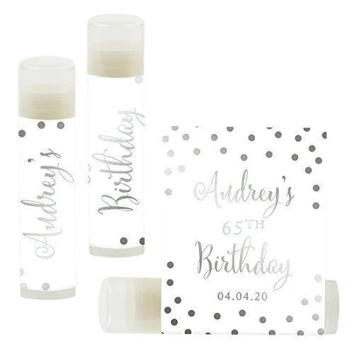 Set of 12 Personalized Milestone Birthday Party Lip Balm Party Favors, Custom Name and Date