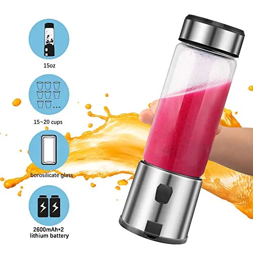 TOPQSC Portable Blender, Personal Blender 15oz USB Rechargeable 5200mAh, Smoothie Blender with Durable Glass and 2 Lids, Stainless Blades 16500rpm, Perfect for Shakes,Smoothies and Baby Food