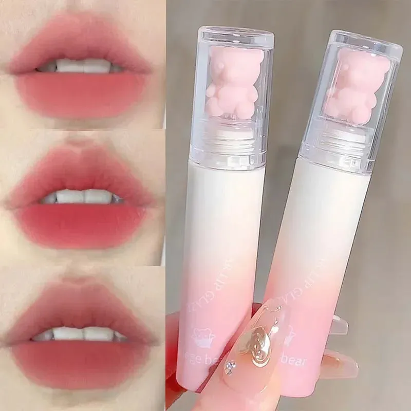 Yeknu Cute Bear Velvet Lip Gloss Girl's Matte Lip Glaze Waterproof Lasting Chestnut Red-brown Lip Mud Korean Makeup Liquid Lipsticks