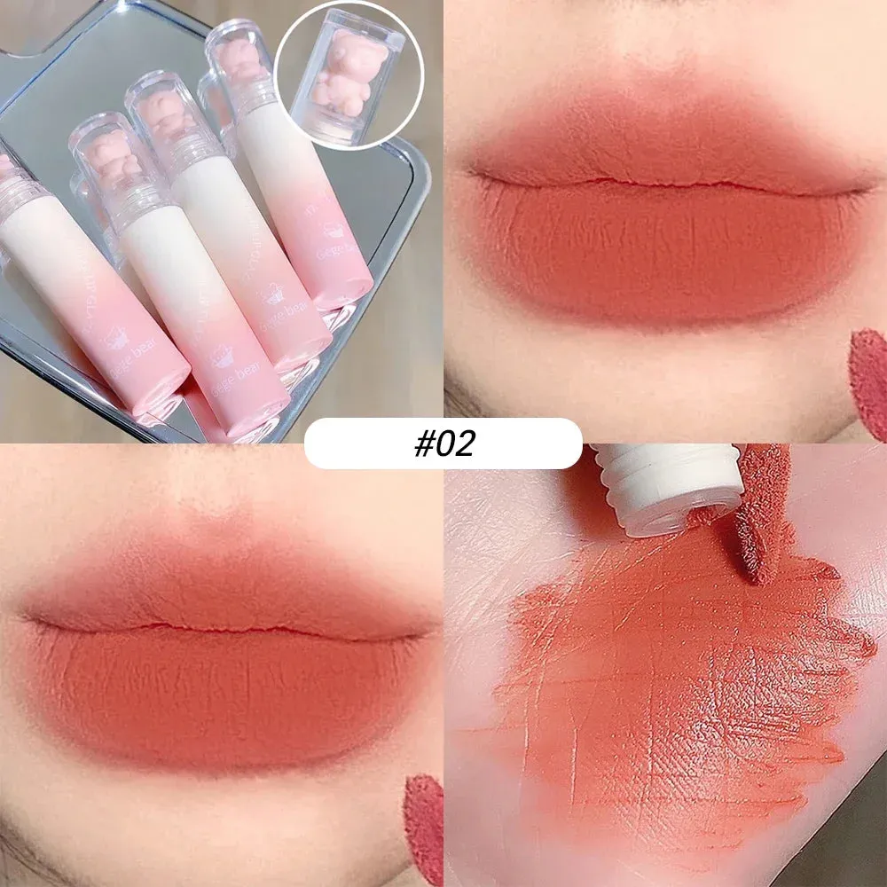 Yeknu Cute Bear Velvet Lip Gloss Girl's Matte Lip Glaze Waterproof Lasting Chestnut Red-brown Lip Mud Korean Makeup Liquid Lipsticks