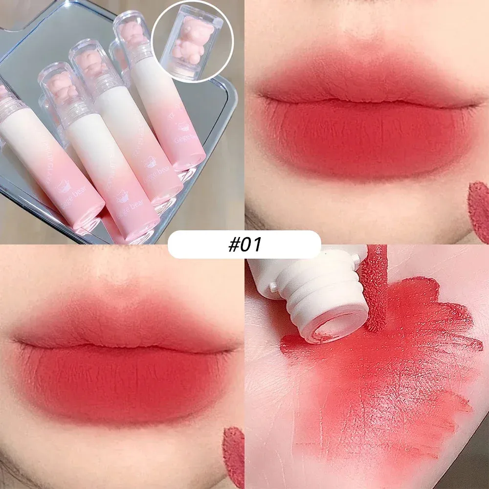 Yeknu Cute Bear Velvet Lip Gloss Girl's Matte Lip Glaze Waterproof Lasting Chestnut Red-brown Lip Mud Korean Makeup Liquid Lipsticks