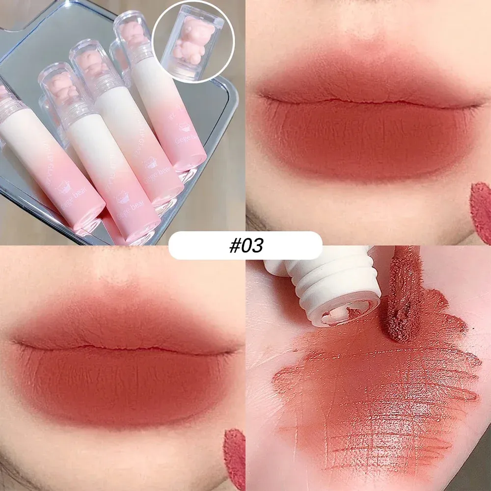 Yeknu Cute Bear Velvet Lip Gloss Girl's Matte Lip Glaze Waterproof Lasting Chestnut Red-brown Lip Mud Korean Makeup Liquid Lipsticks