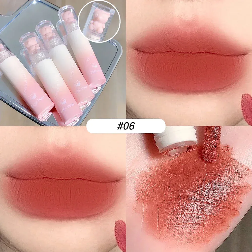 Yeknu Cute Bear Velvet Lip Gloss Girl's Matte Lip Glaze Waterproof Lasting Chestnut Red-brown Lip Mud Korean Makeup Liquid Lipsticks