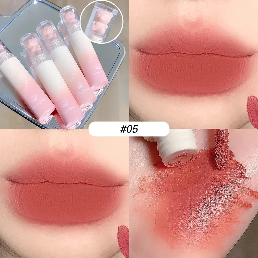 Yeknu Cute Bear Velvet Lip Gloss Girl's Matte Lip Glaze Waterproof Lasting Chestnut Red-brown Lip Mud Korean Makeup Liquid Lipsticks