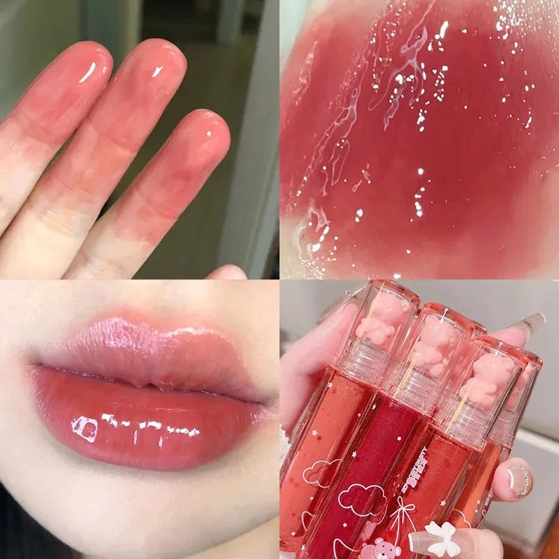 Yeknu Liquid Lipstick Crystal Glossy Lip Glaze Mirror Cute Bear Lip Gloss Waterproof Transparent Nude Lip Girls Makeup Korean Makeup