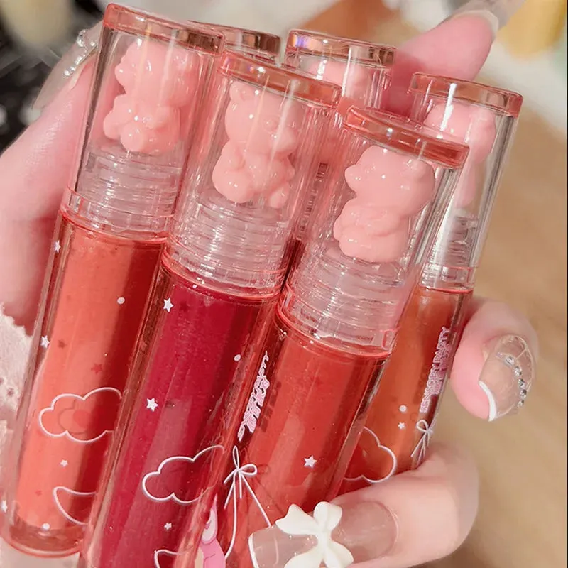Yeknu Liquid Lipstick Crystal Glossy Lip Glaze Mirror Cute Bear Lip Gloss Waterproof Transparent Nude Lip Girls Makeup Korean Makeup