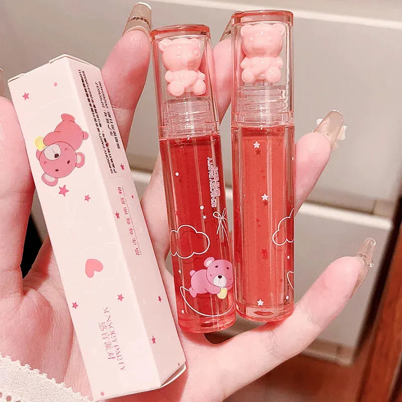 Yeknu Liquid Lipstick Crystal Glossy Lip Glaze Mirror Cute Bear Lip Gloss Waterproof Transparent Nude Lip Girls Makeup Korean Makeup