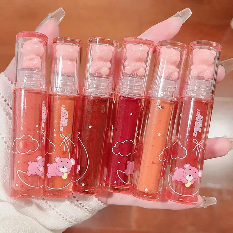 Yeknu Liquid Lipstick Crystal Glossy Lip Glaze Mirror Cute Bear Lip Gloss Waterproof Transparent Nude Lip Girls Makeup Korean Makeup